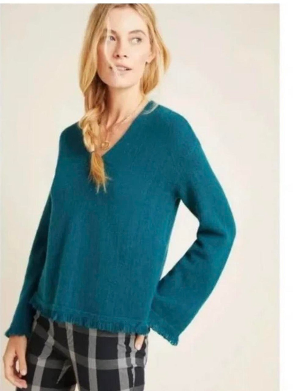 Anthropologie Teal V-Neck Fringe Hem Sweater